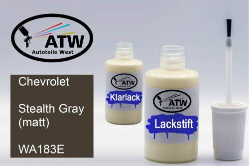 Chevrolet, Stealth Gray (matt), WA183E: 20ml Lackstift + 20ml Klarlack - Set, von ATW Autoteile West.
